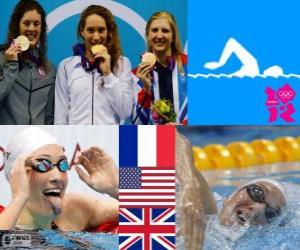 yapboz Yüzme Bayanlar 400 m serbest stil podyum, Camille Muffat (Fransa), Allison Schmitt (ABD) ve Rebecca Adlington (İngiltere)  - Londra 2012 -